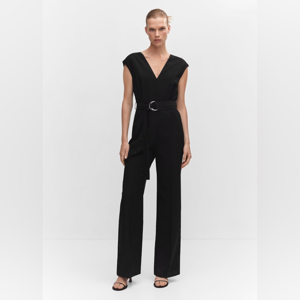 Mango Black Belted Jumpsuit straight leg v neck classic chic old money style